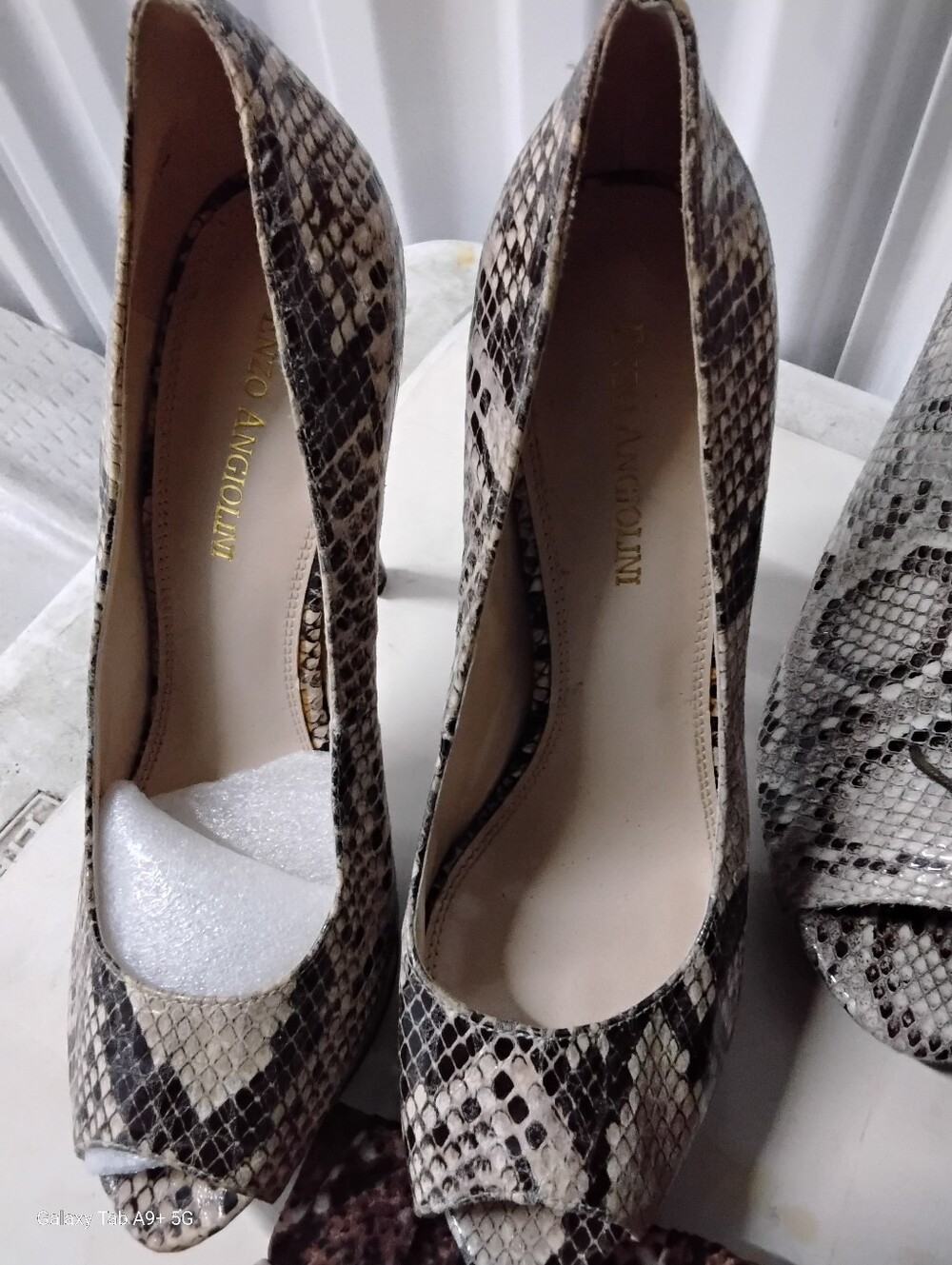 Beige Snake-Print Peep-Toe Pumps